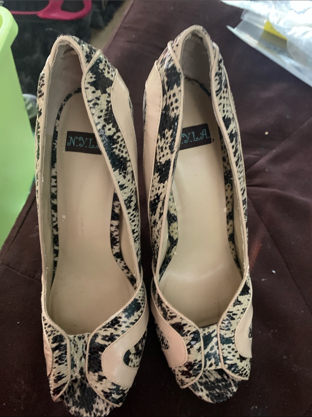 N.Y.L.A. Beige and Black Snakeskin Peep-Toe Pumps